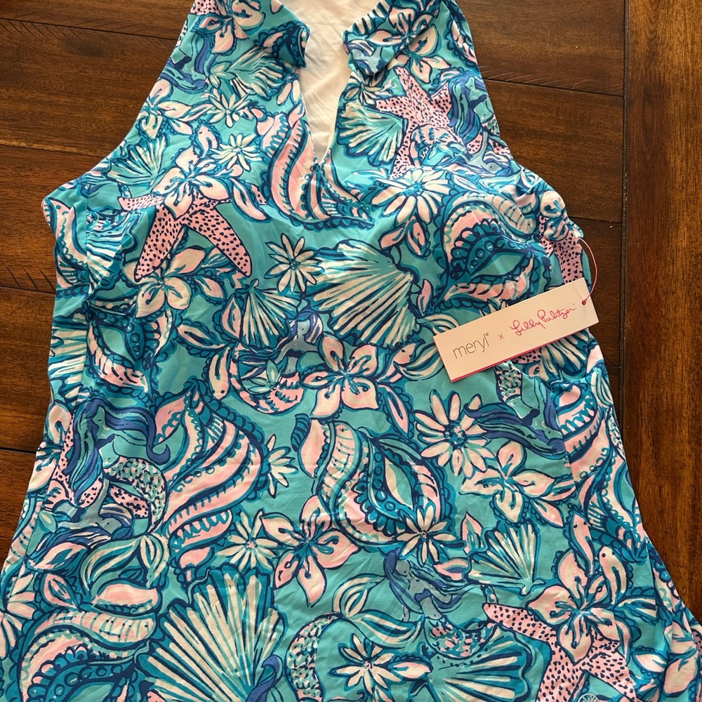 Lilly Pulitzer Luxletic Polo Top Blue and Pink  with Tropical Flair